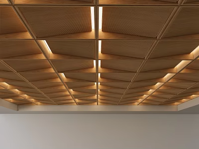 Wooden Ceiling with Geometric Panel Design and Recessed Lighting Details 3d model
