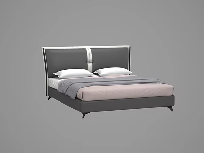 Modern Double Bed with Gray Headboard White Stripes and Light Bedspread Two Pillows 3d model
