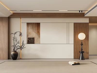 Minimalist Interior Design With Wooden Decor Wall Art Floor Lamp And Open Book 3d model