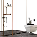 Wall Hung Toilet In Modern Bathroom With Bronze Shower Fixture And Marble Floor