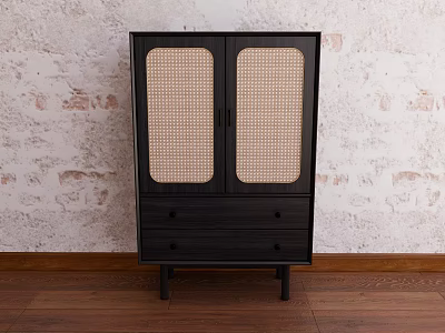 Black Entryway Console Cabinet With Woven Doors And Drawers Against Textured Wall On Wooden Floor 3d model