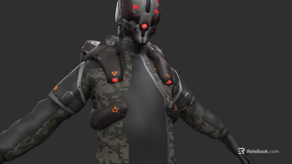 Futuristic Game and Movie Character With Mechanical Armor Red Glowing Details And Camouflage Design 3d model 