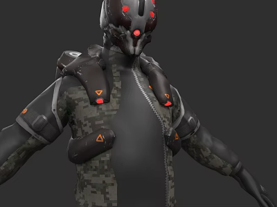 Futuristic Game and Movie Character With Mechanical Armor Red Glowing Details And Camouflage Design 3d model