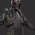 Futuristic Game and Movie Character With Mechanical Armor Red Glowing Details And Camouflage Design