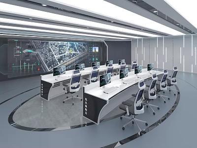 Modern Monitoring Room With Multiple Computer Monitors Control Consoles And Ergonomic Chairs 3d model