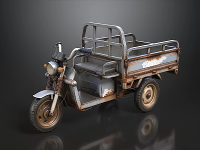 Rusty Vintage Tricycle Motorcycle With Metal Frame And Cargo Bed 3d model