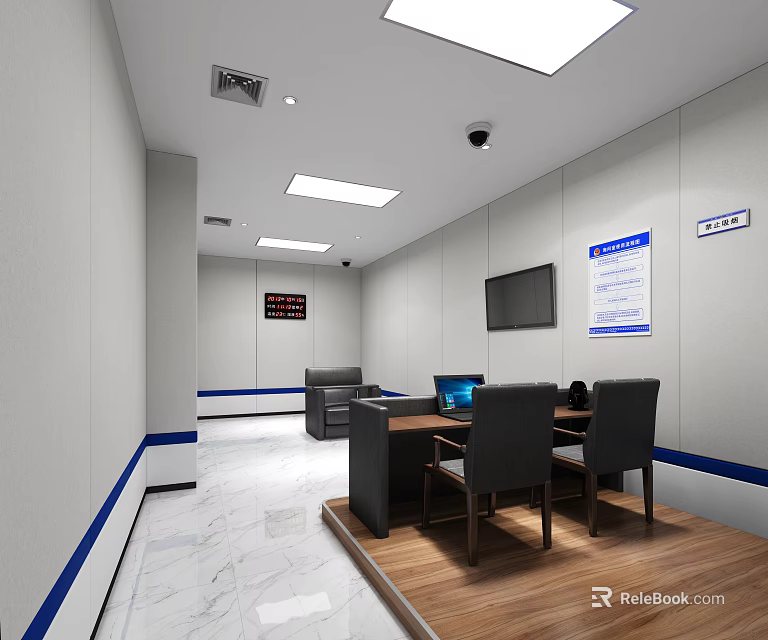 Modern Conference Room Interior With Table Chairs TV White Walls And Blue Accent Lines 3d model 