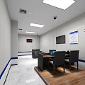 Modern Conference Room Interior With Table Chairs TV White Walls And Blue Accent Lines