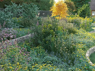Vibrant Mixed Flowers and Plants in Garden With Colorful Blooms Green Foliage and Stone Borders 3d model