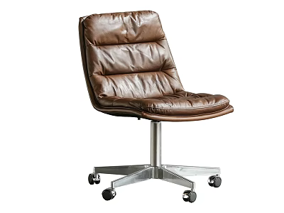 Brown Leather Office Chair With Tufted Design And Silver Metal Base On Wheels 3d model