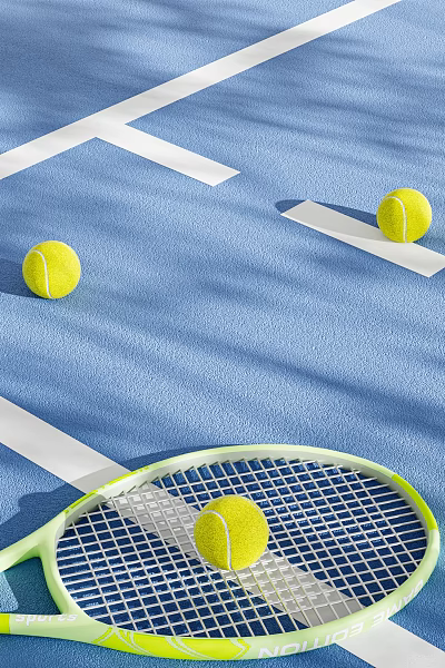 Professional Tennis Racket With Yellow Balls On Blue Court Surface And White Lines 3d model