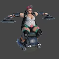 Punk Woman In Striped Vest Riding Hover Motorcycle With Pink Headscarf And Heart Knee Pads