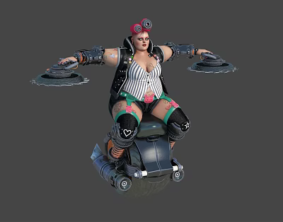 Punk Woman In Striped Vest Riding Hover Motorcycle With Pink Headscarf And Heart Knee Pads 3d model