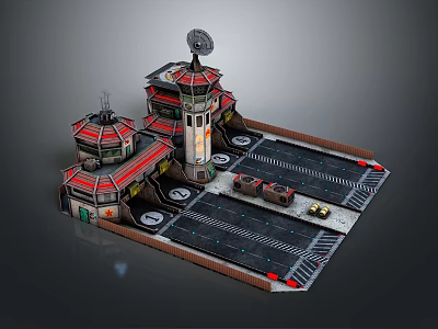 Cartoon Scenery With Multi Tower Building Red Roof Helipad Satellite Dish And Vehicles 3d model
