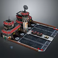 Cartoon Scenery With Multi Tower Building Red Roof Helipad Satellite Dish And Vehicles