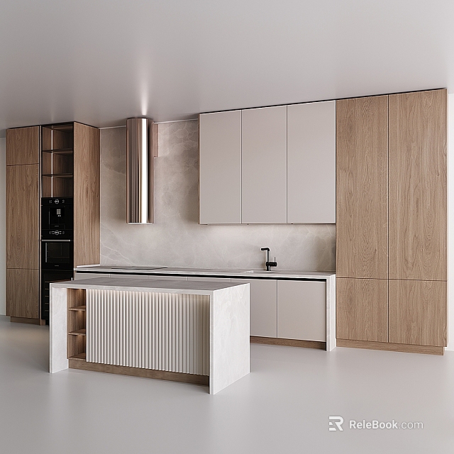 Modern Kitchen With Wooden Cabinets And Island 3d model 