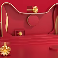 Red Stage Like Display With Gold Gift Boxes And Decorative Bows 3d model