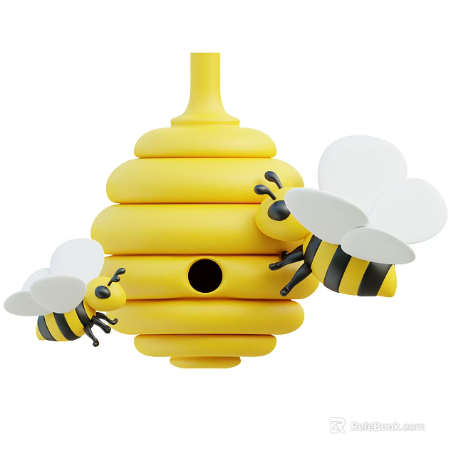 Black and white striped bees with white wings hovering near yellow honeycomb 3d model 