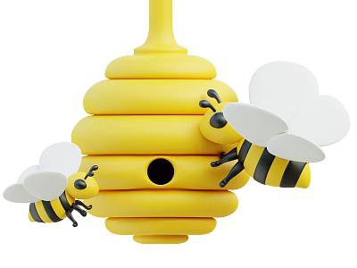 Black and white striped bees with white wings hovering near yellow honeycomb 3d model
