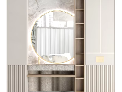 Modern Bathroom Vanity With Round Backlit Mirror And Marble Countertop Storage Cabinets 3d model