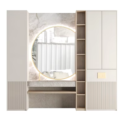 Modern Bathroom Vanity With Round Backlit Mirror And Marble Countertop Storage Cabinets 3d model