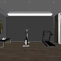 Modern Recreation Room with Treadmill Exercise Bike Large Mirror and Wall Paintings