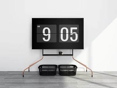 Black Flip Clock Showing 905 With Copper Stand Two Black Baskets White Wall Gray Floor 3d model