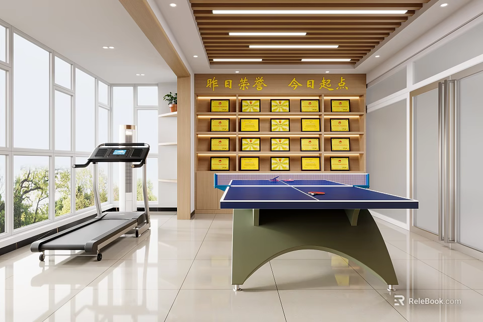 Company Activity Room With Honor Display Shelves Treadmill And Ping Pong Table 3d model 