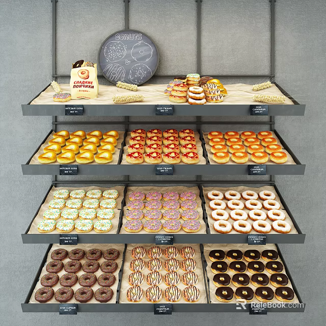 Bakery Display Shelves Showcasing Layered Donuts With Assorted Toppings And Labeled Tags 3d model 
