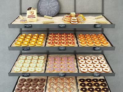 Bakery Display Shelves Showcasing Layered Donuts With Assorted Toppings And Labeled Tags 3d model