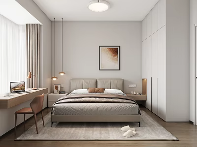 Modern Minimalist Bedroom Interior With Bed White Wardrobe Wooden Desk Lamp Artwork And Curtains 3d model
