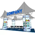 Company Exhibition Booth With White Tents Display Cases And Colorful Items