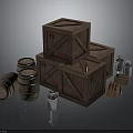 Household Supplies Display With Stacked Wooden Crates Barrels Metal Cans And Small Bottles