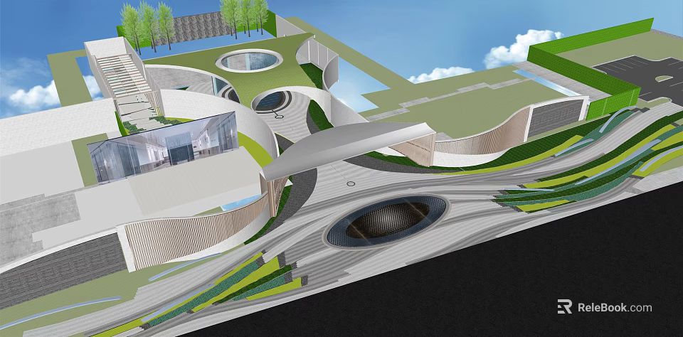 Modern Garden Landscape Design With Circular Areas Walkways And Green Lawns 3d model 