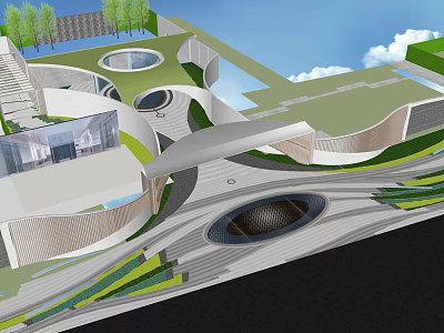 Modern Garden Landscape Design With Circular Areas Walkways And Green Lawns 3d model