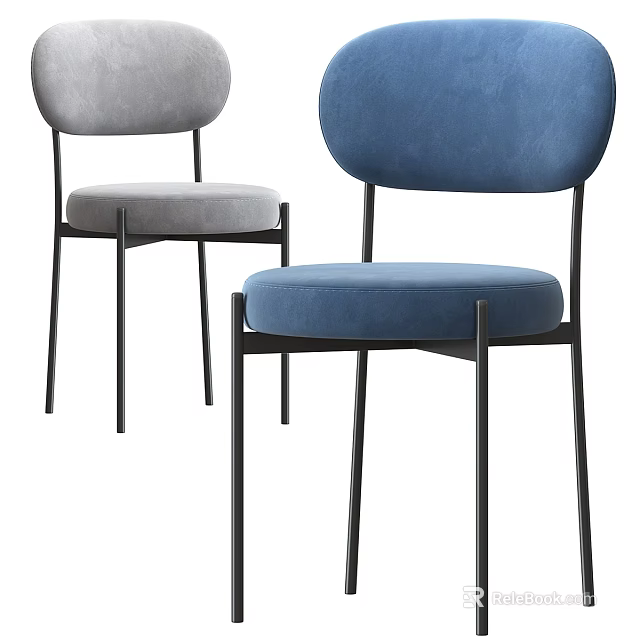 Modern Single Chairs With Gray Blue Velvet Upholstery And Black Metal Legs 3d model 