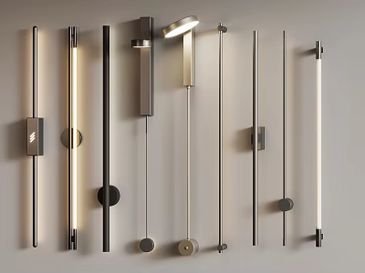 Modern Metal Wall Lamps with Various Designs Illuminated in Row 3d model