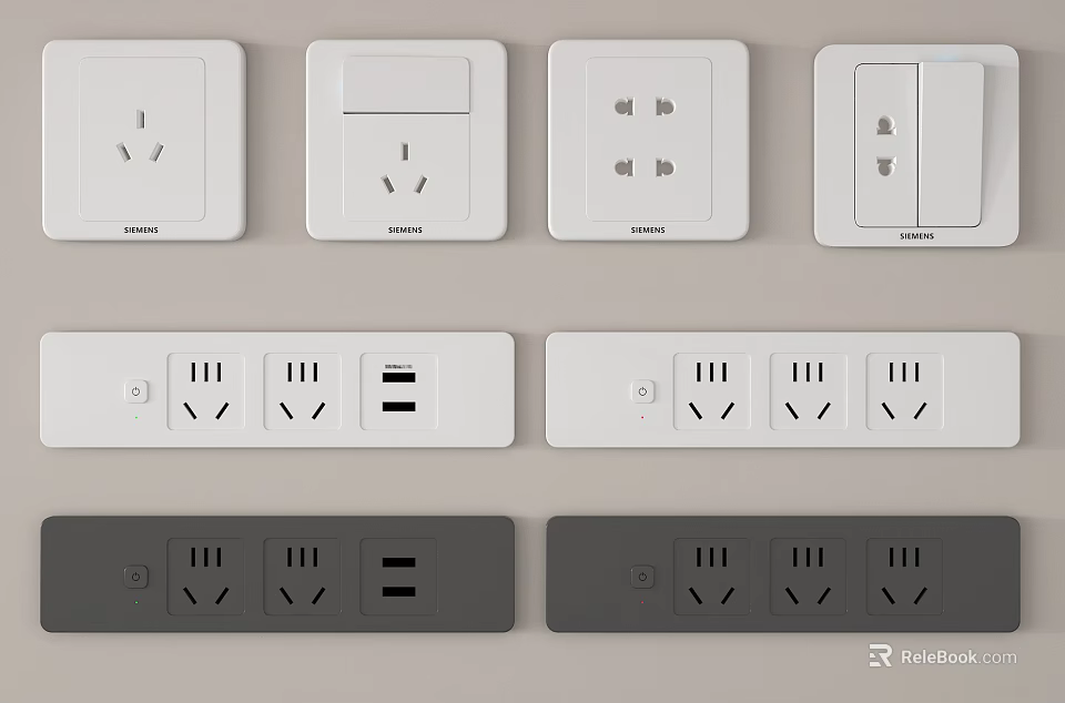 Modern White and Gray Switch Panels with USB Ports and Multiple Sockets for Home Use 3d model 