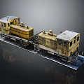 Two Yellow Old Rusty And Worn Train Models On Black Platform 3d model