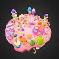 Colorful Sweet Treats Display on Pink Platform with Cupcakes Ice Cream Lollipops Cookies and Jelly