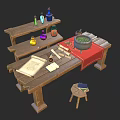 Rustic Wooden Workbench With Scroll Tools Cauldron Small Stool And Three Tier Shelf