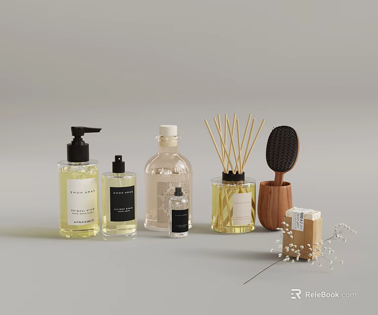 Daily Washing Essentials With Pump Bottles Reed Diffusers And Wooden Comb 3d model