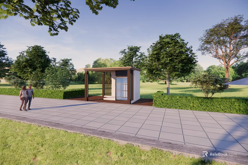 Modern Outdoor Security Booth In Green Park With Trees And Paved Walkway 3d model 