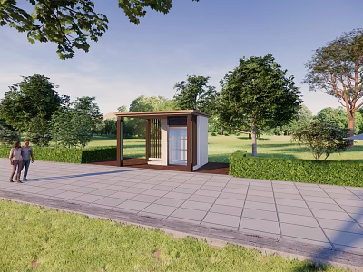 Modern Outdoor Security Booth In Green Park With Trees And Paved Walkway 3d model