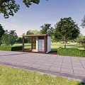 Modern Outdoor Security Booth In Green Park With Trees And Paved Walkway