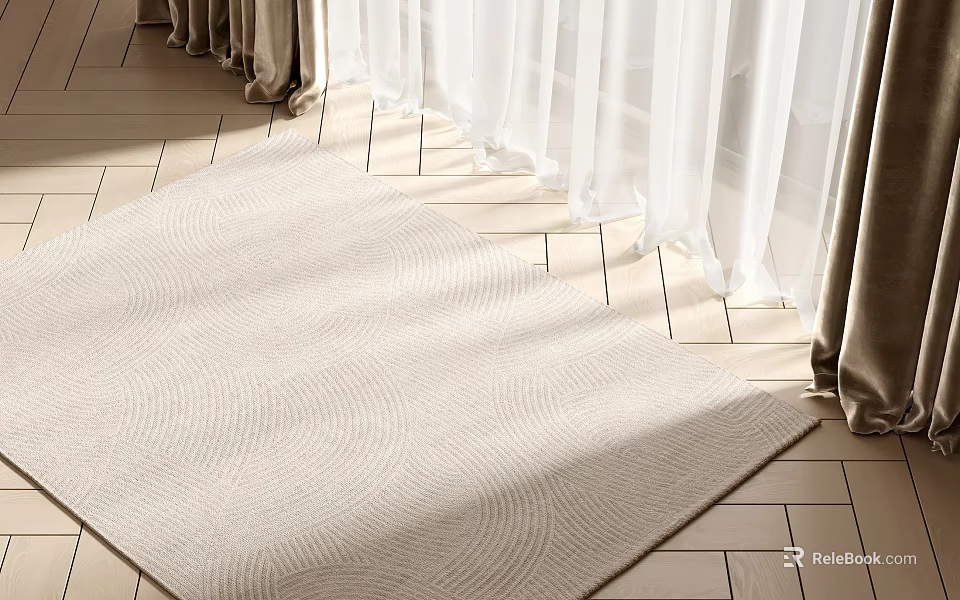 Neutral Textured Square Rug On Wooden Floor By Curtains 3d model 