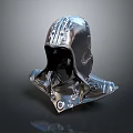Fantasy Warrior Character Helmet With Metallic Surface And Intricate Engravings