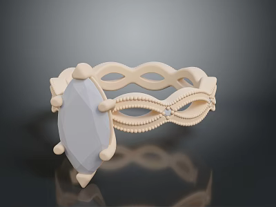 Fashion Ring with Intricate Twisted Band and Large Oval Gemstone Adorned with Small Accent Stones 3d model