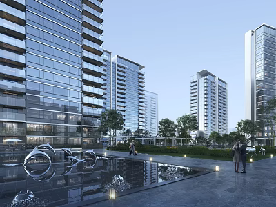 Modern Residential Building Complex With Glass Curtain Walls Landscaped Greenery And Central Water Feature 3d model
