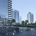 Modern Residential Building Complex With Glass Curtain Walls Landscaped Greenery And Central Water Feature